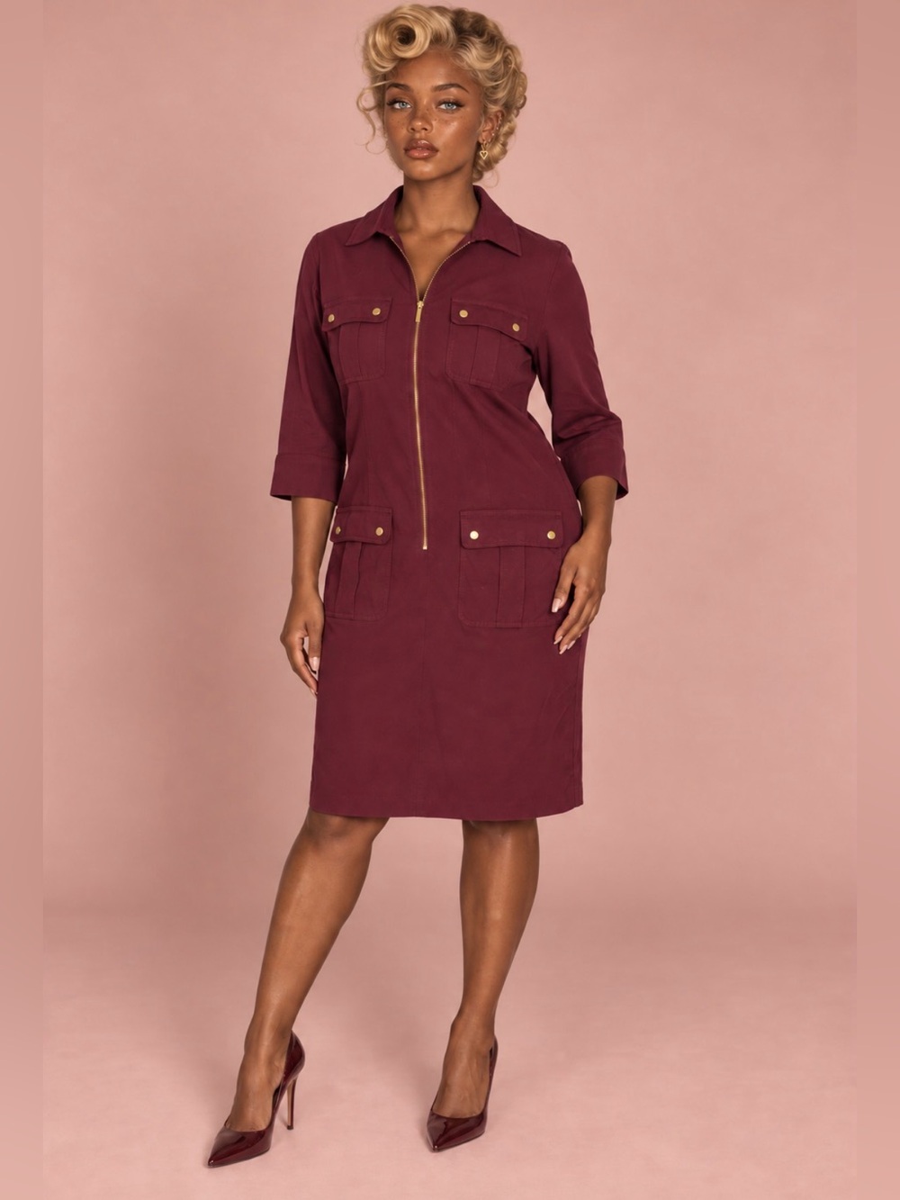 Michael Kors Burgundy Zip-Front Utility Dress – Medium